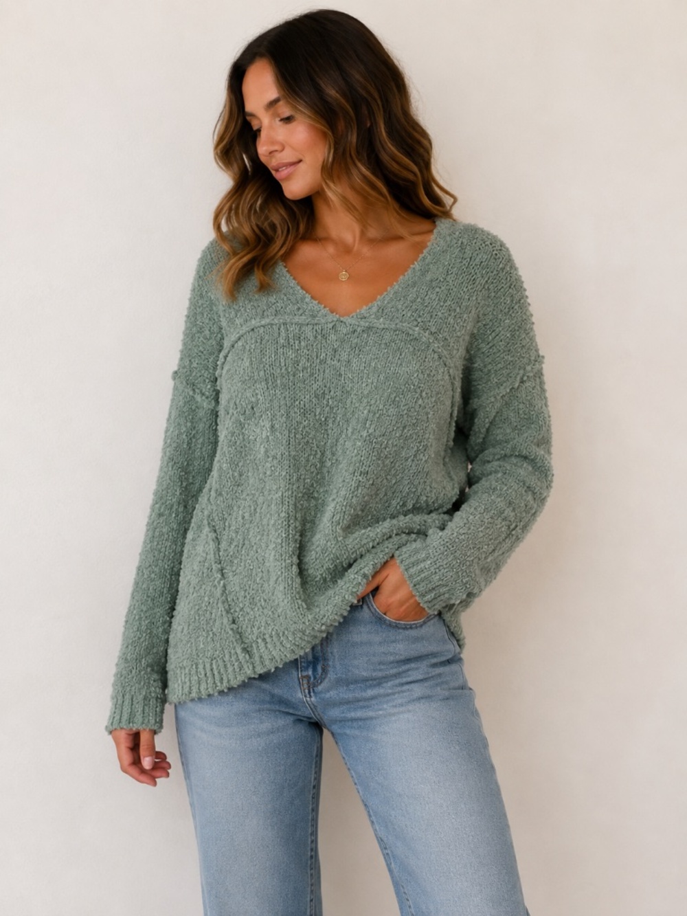 Abercrombie & Fitch Sage Green Fuzzy V Neck Sweater Women's Medium Soft Cozy
